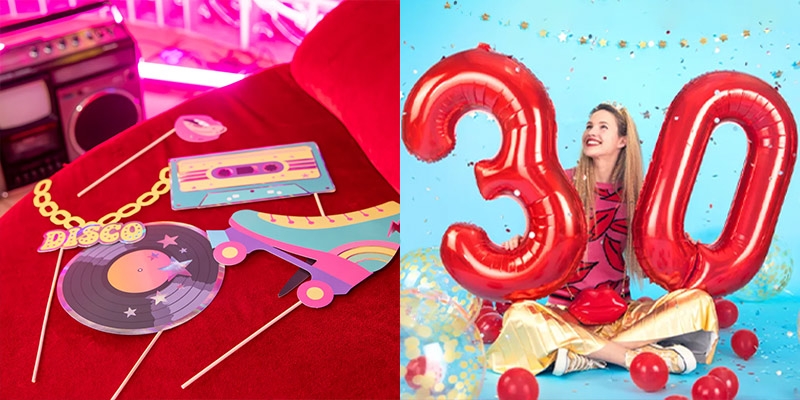 Disco θεματικό πάρτι για 30α γενέθλια με props και κόκκινα μπαλόνια. Βρες μοναδικές ιδέες στο HappyTeapot.gr.